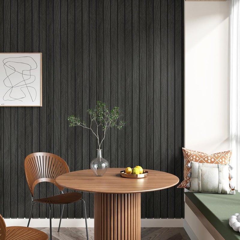 STICKEEP Self Adhesive Wood Slat Wall Paneling Grey/Black 3D Wood Panels for Wall Decor Soundproof Peel and Stick Wooden Grain Panel Wallpaper for Living Room Bedroom Dinner Office 12" x 120" - Image 3